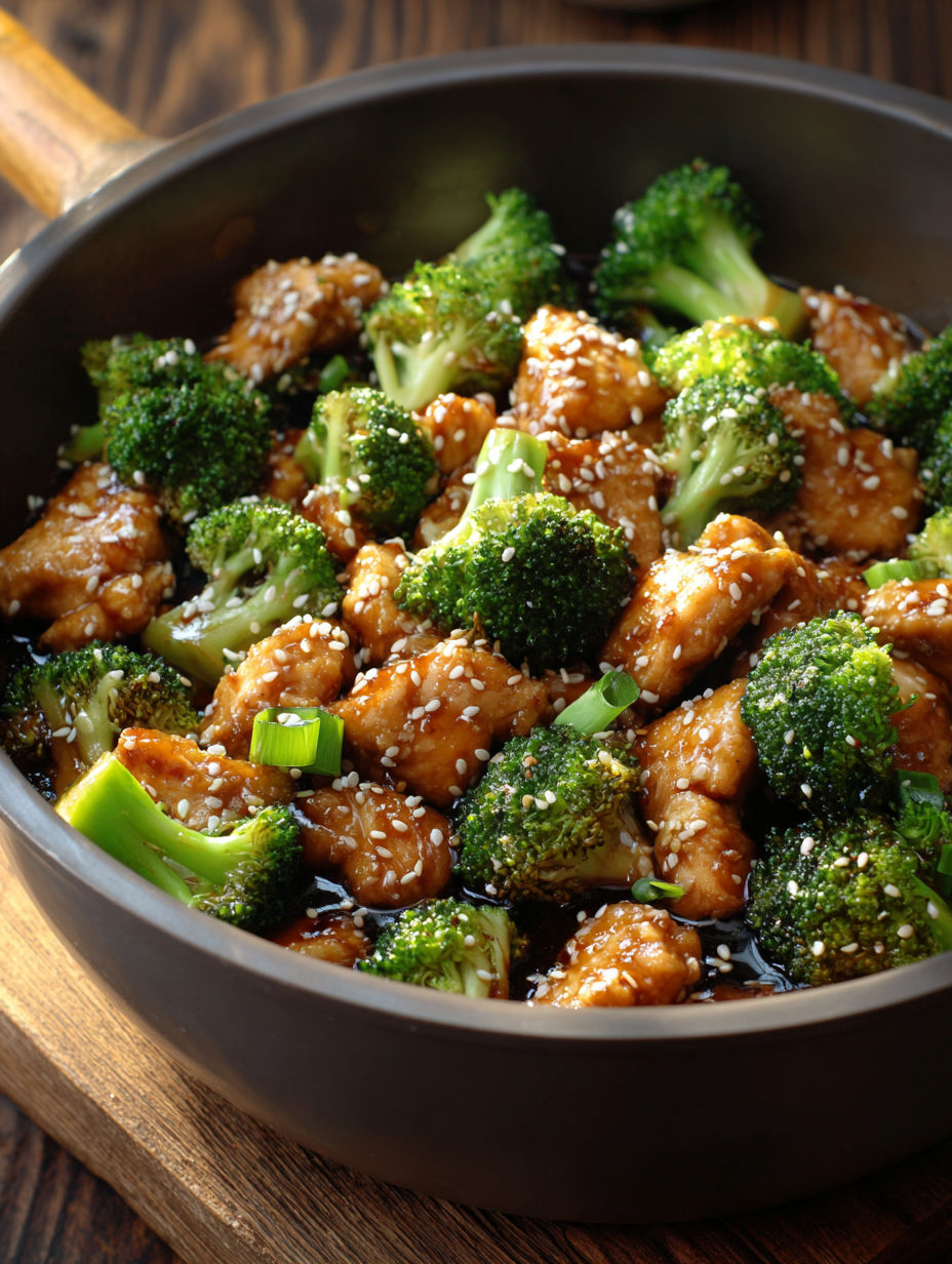 A bowl of chicken and broccoli.