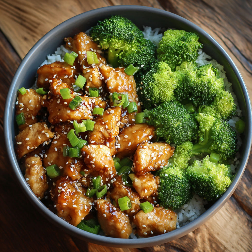 A bowl of Honey Sesame Chicken and Broccoli.