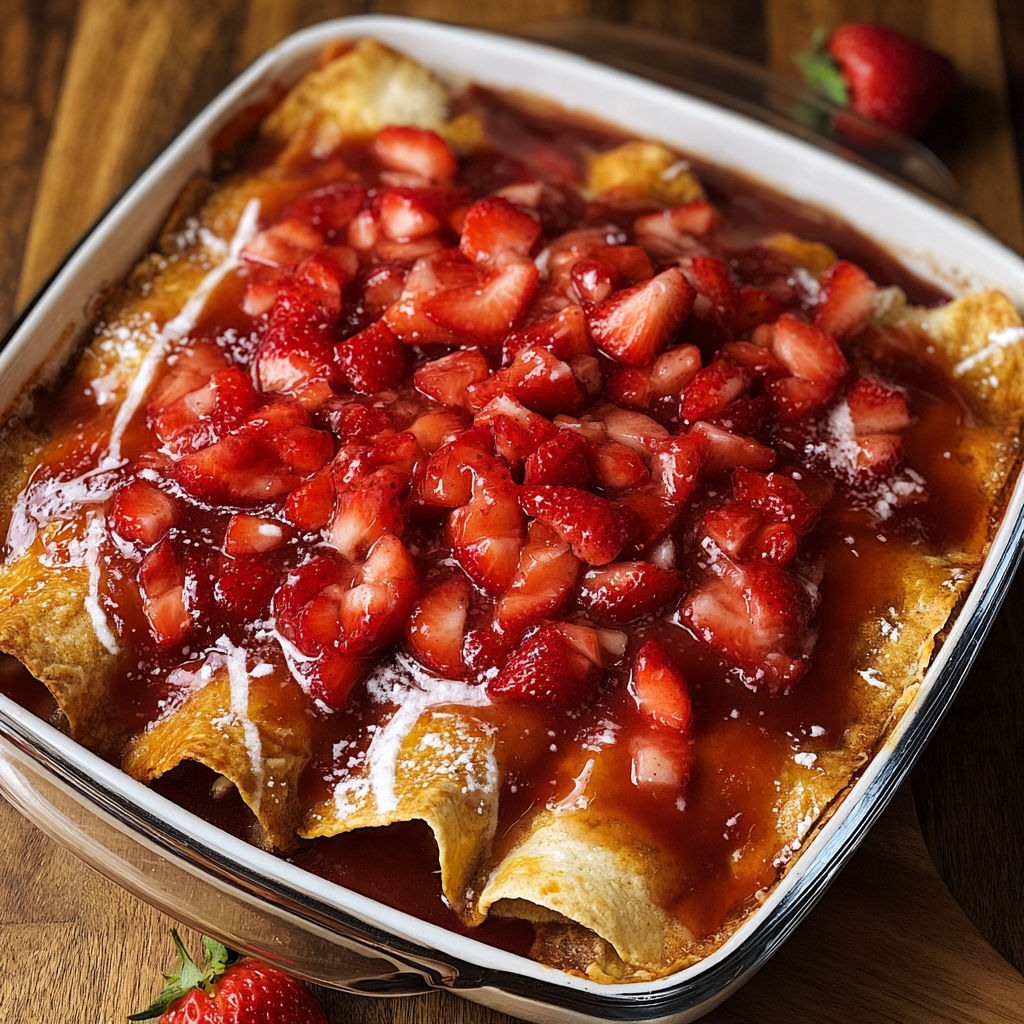 A dish of strawberry pie enchiladas.