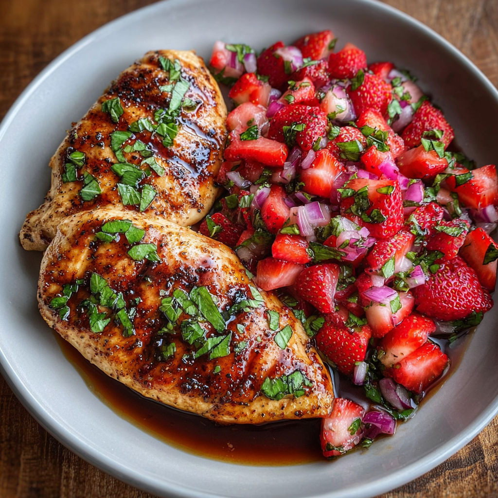 A plate of chicken with a side of strawberry basil relish.