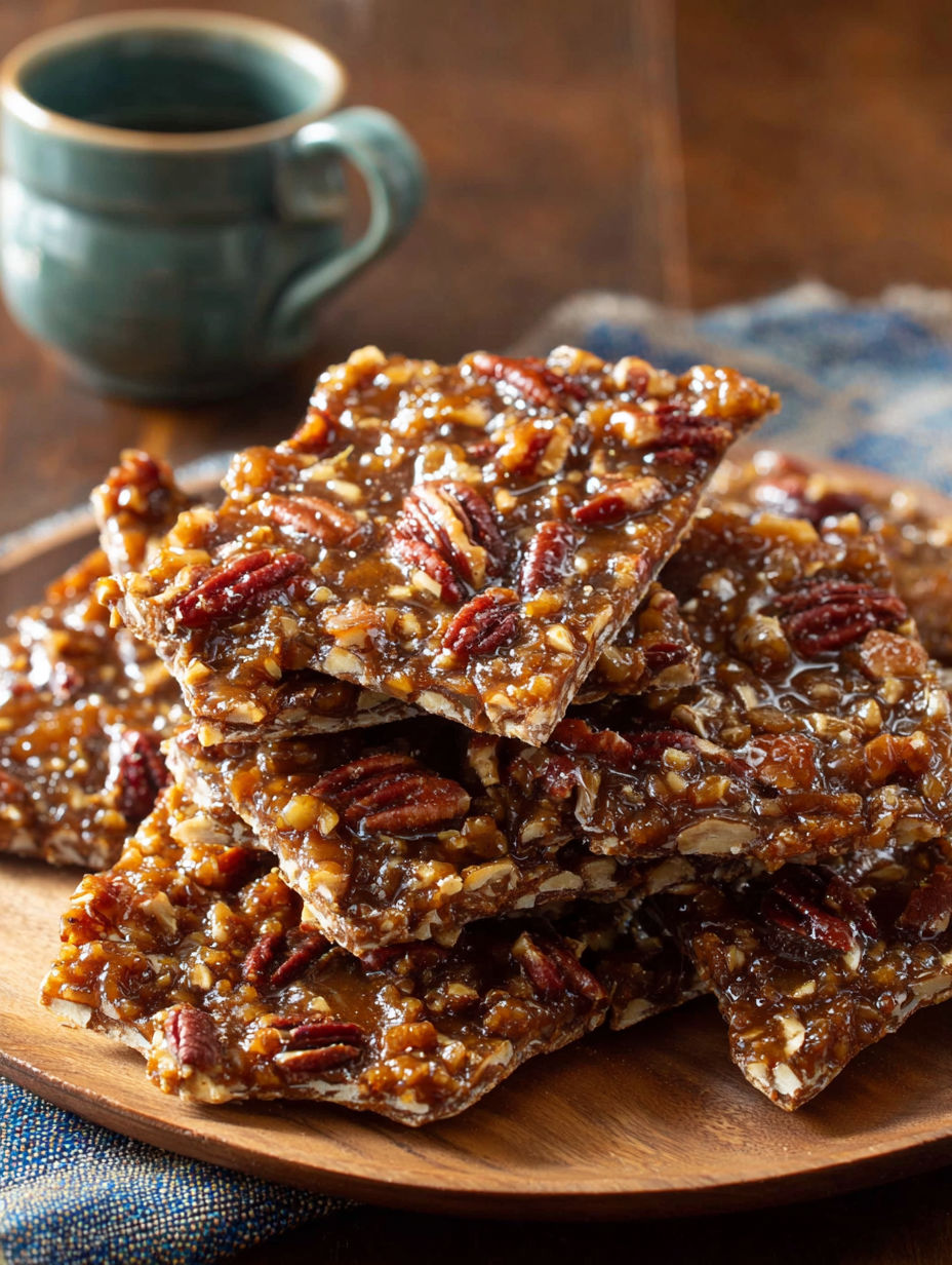 A stack of pecan pie bark graham pecans.