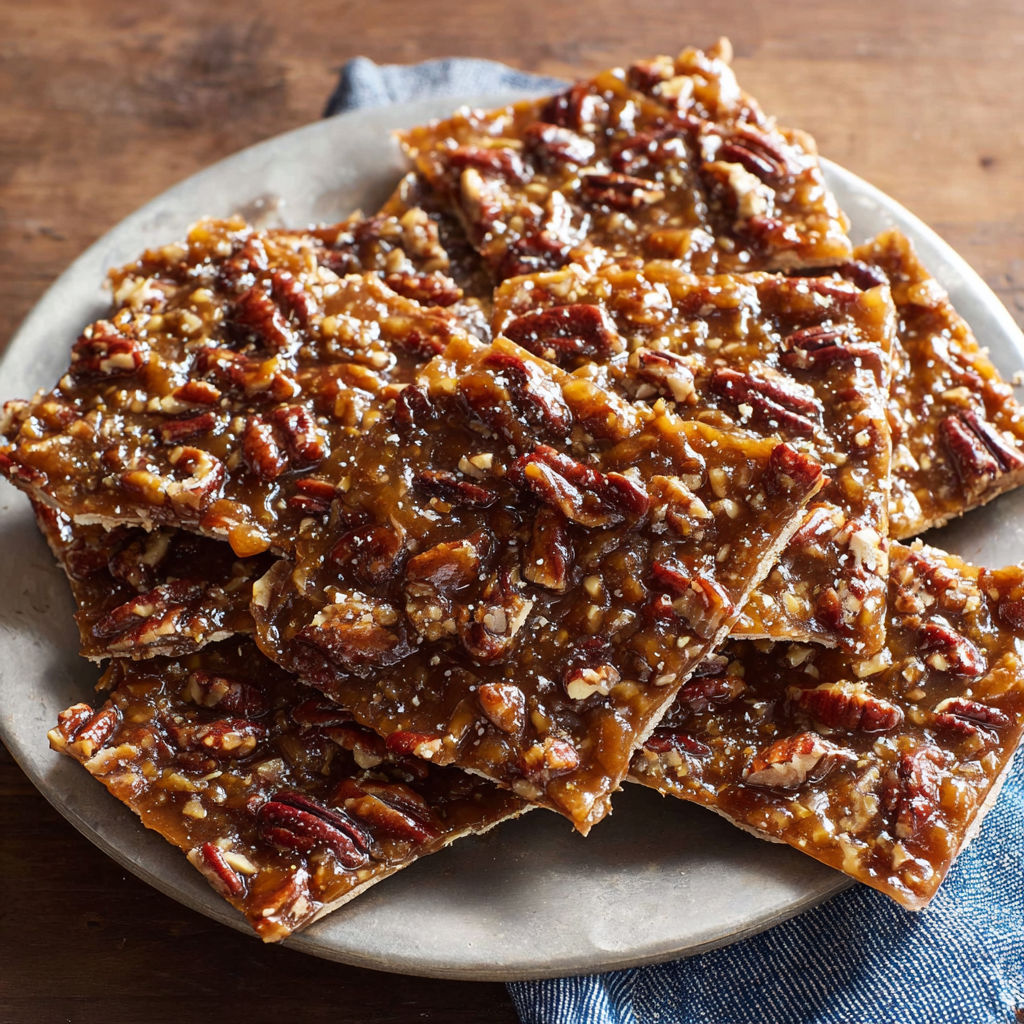 A plate of pecan pie bark with pecans on top.