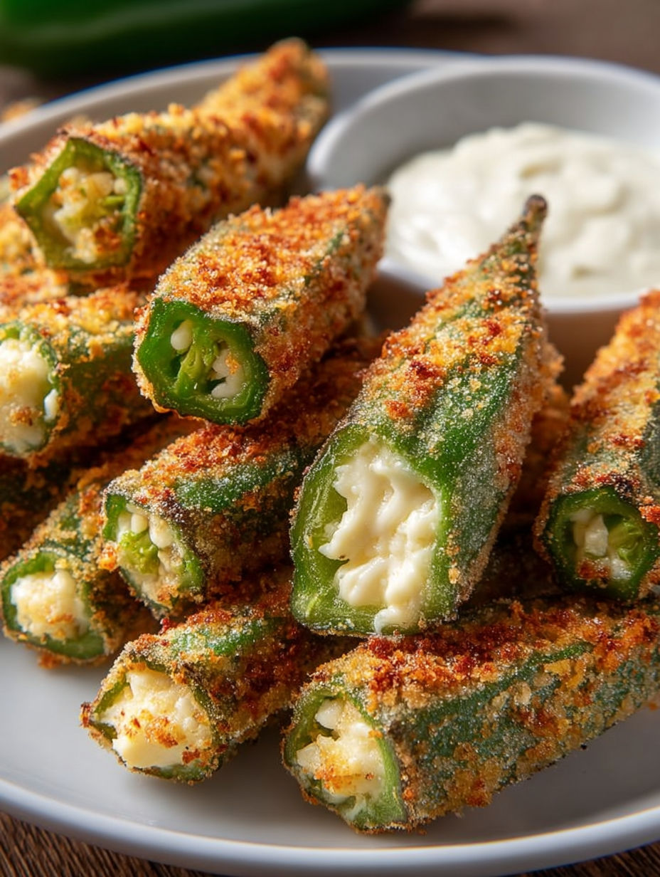 A plate of pepper jack cheese stuffed okra.