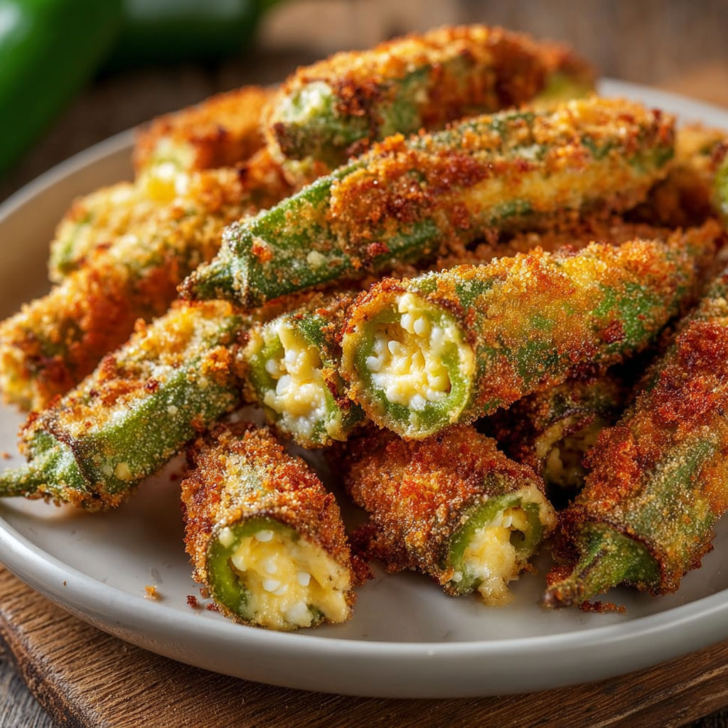 A plate of pepper jack cheese stuffed okra.