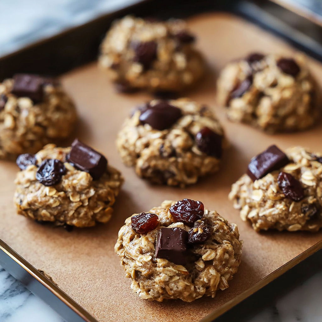 A tray of cookies made with oats and chocolate chips.