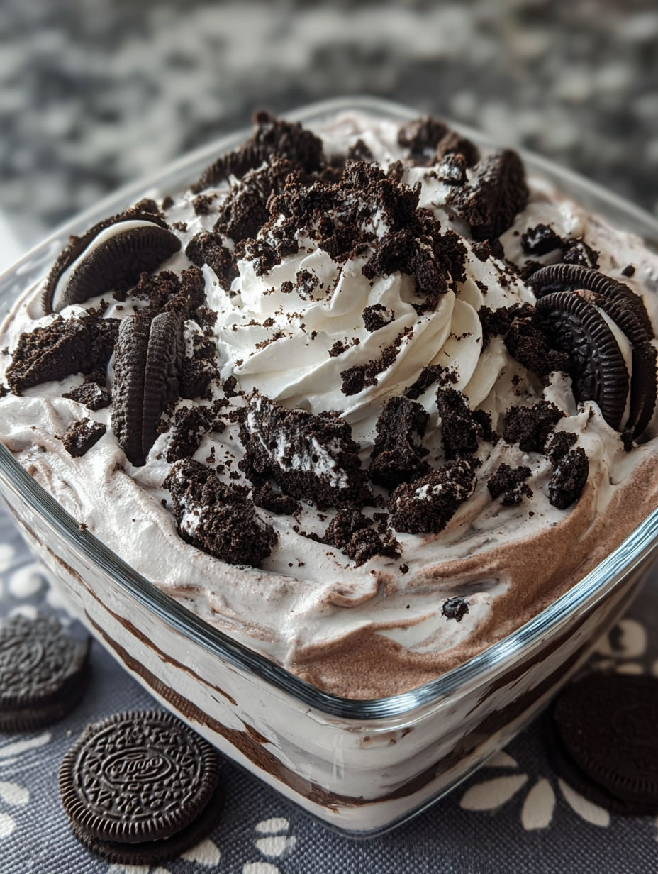 A close up of a delicious Oreo Mud Pie.