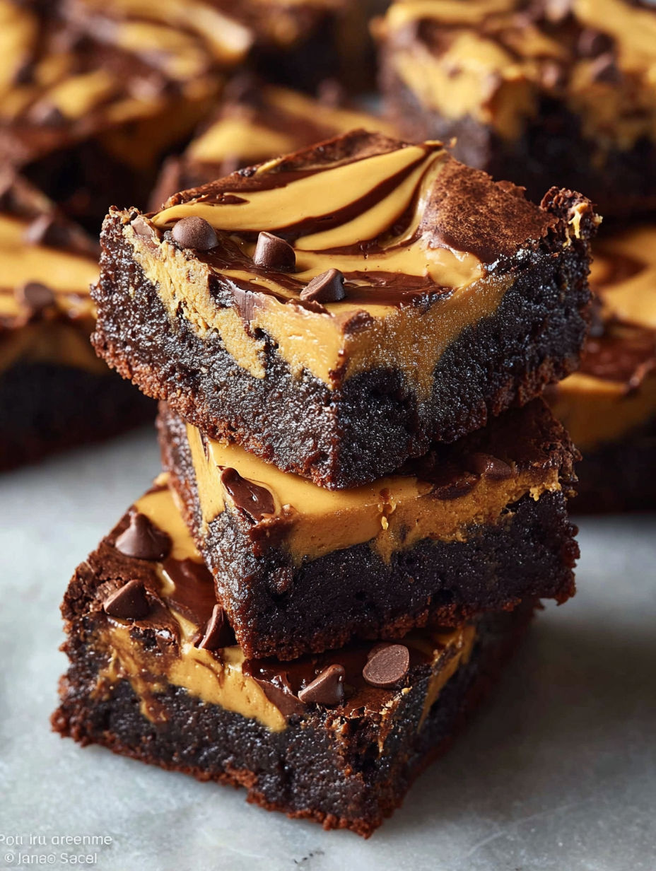 A stack of brownies with peanut butter and chocolate.