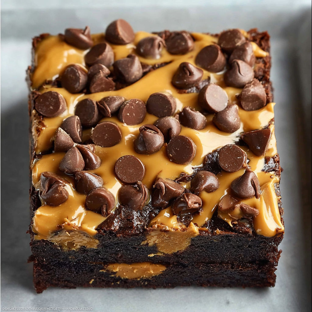 A square of chocolate dessert with peanut butter and chocolate chips.