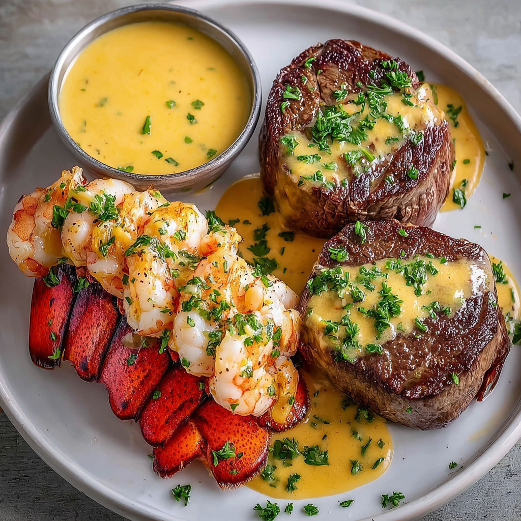 A plate of food with lobster and steak.