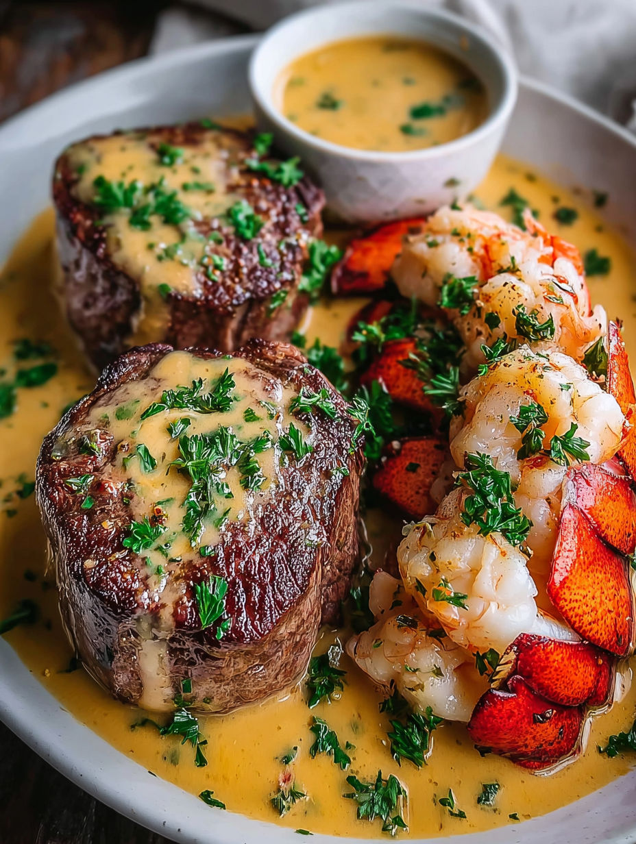 A plate of meat and shrimp with a bowl of sauce.