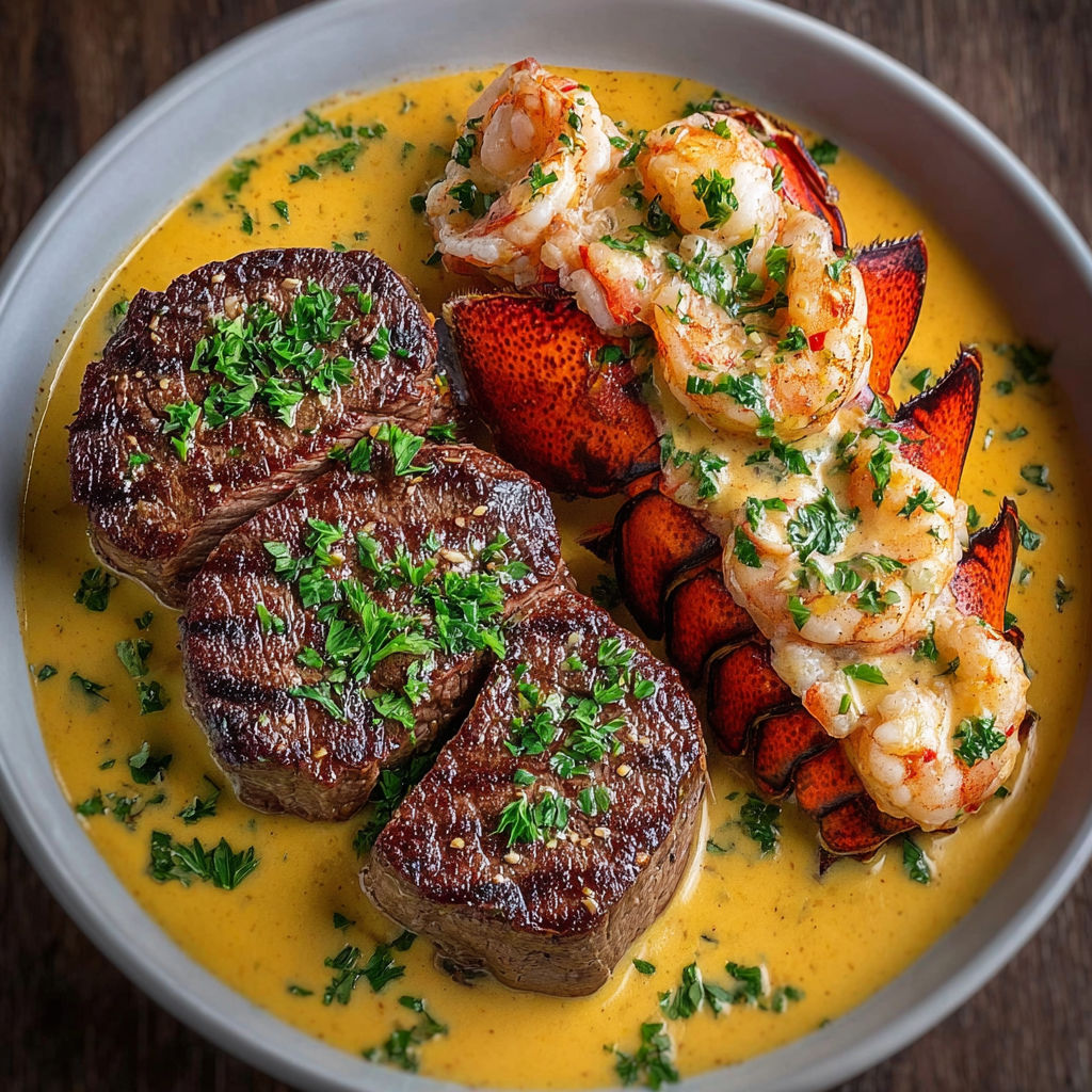 A plate of meat and lobster.
