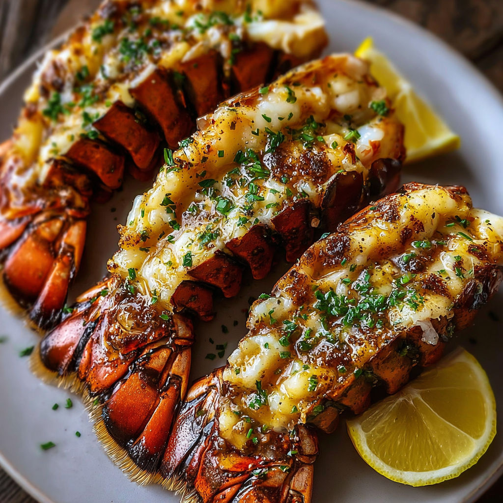 Grilled cowboy butter lobster tails on a plate.