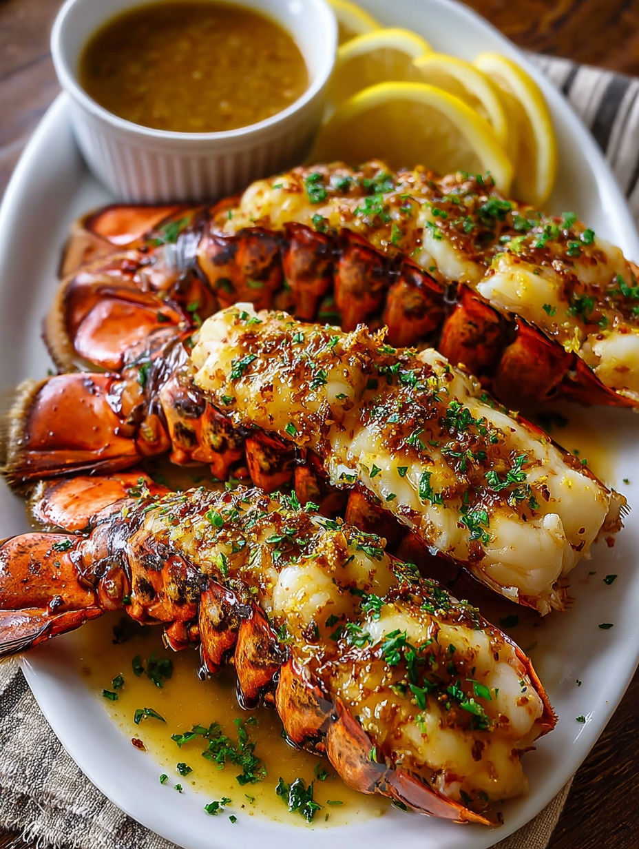 Grilled lobster tails with butter and lemon.