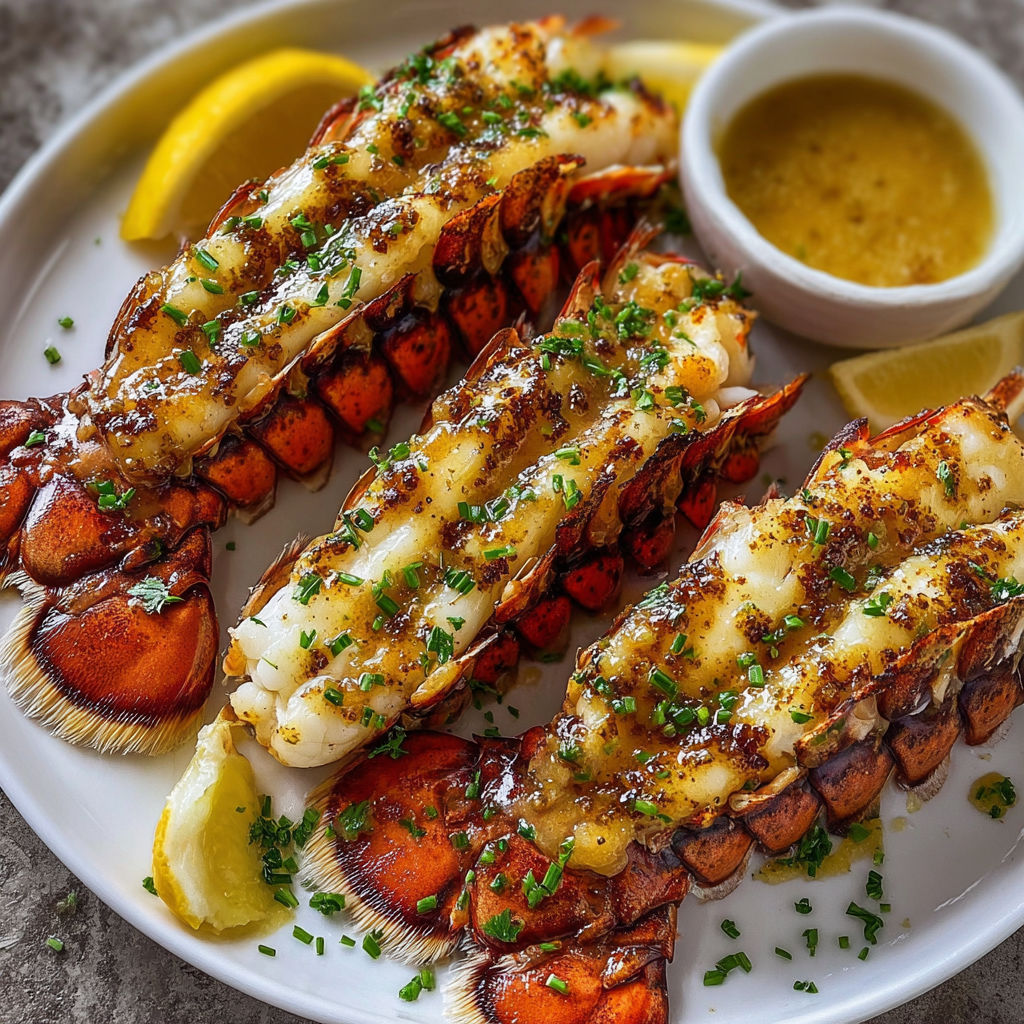 Grilled cowboy butter lobster tails on a plate.