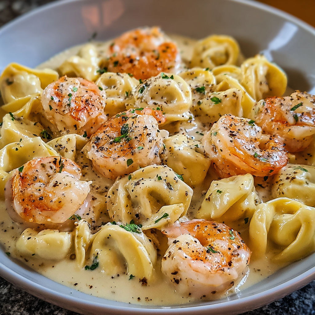 A bowl of pasta with shrimp and cheese.