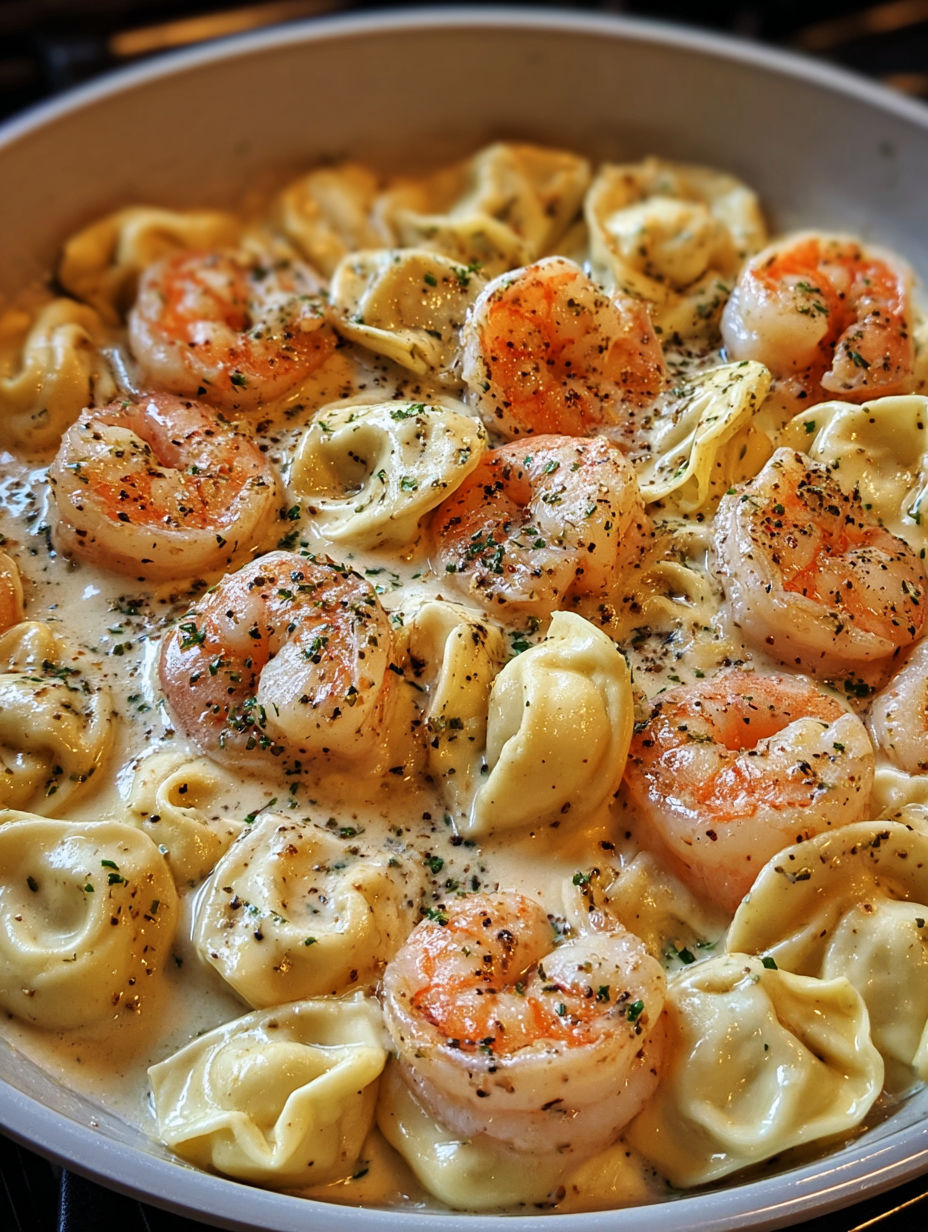 A dish of shrimp and cheese tortellini.