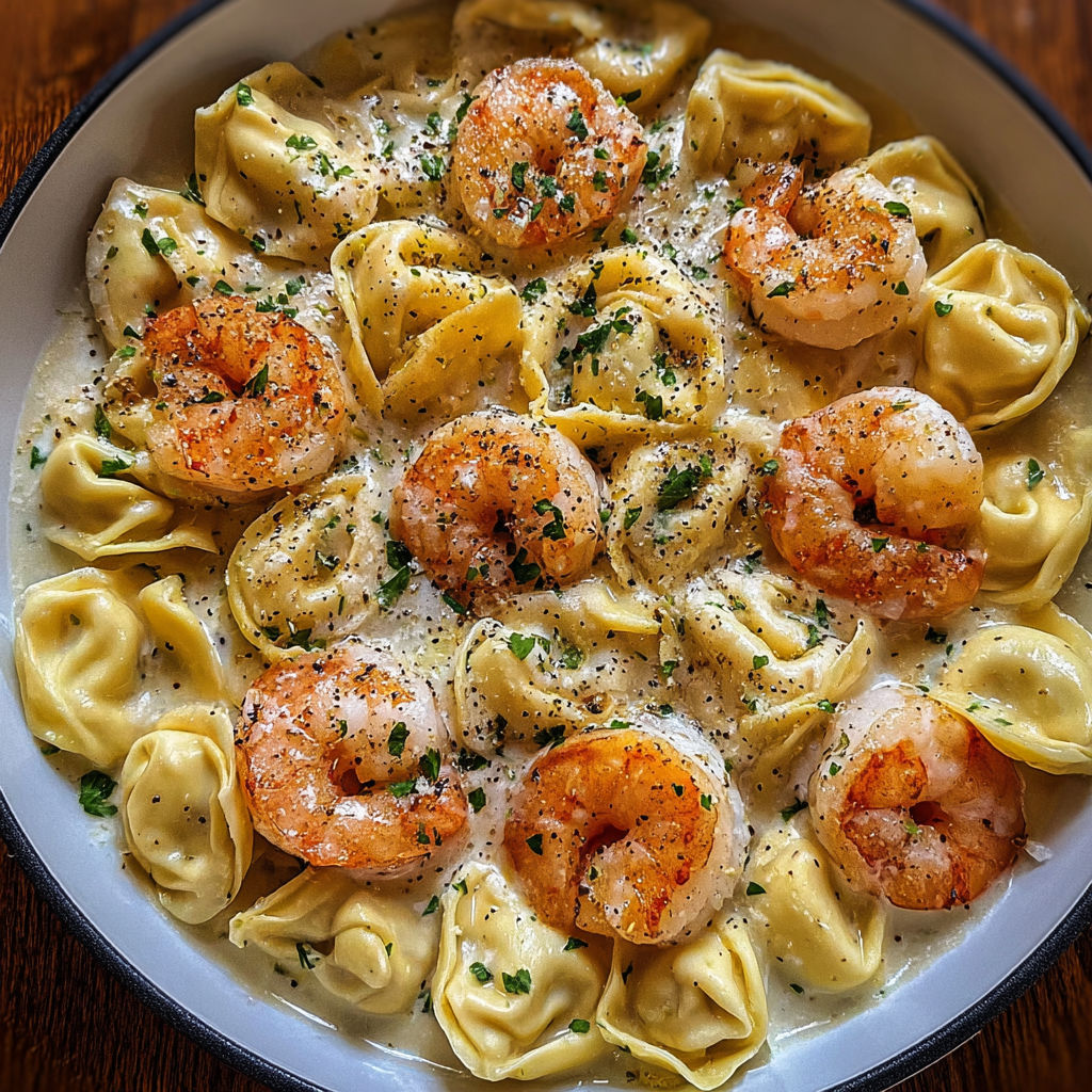 A bowl of pasta with shrimp and cheese.