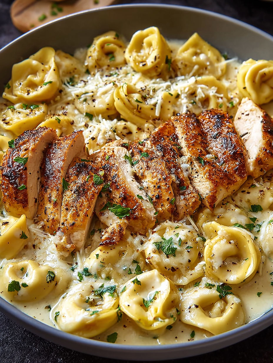 A bowl of pasta with chicken and cheese.