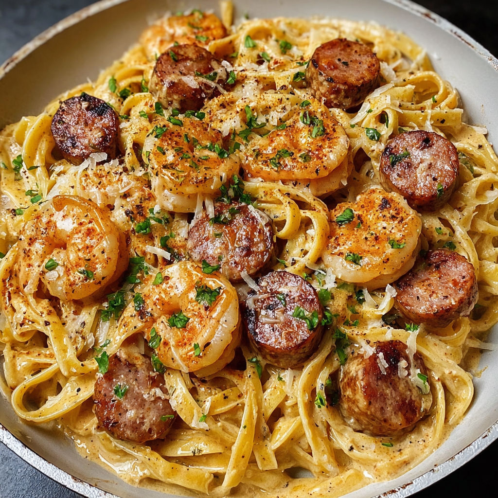 A bowl of creamy cajun shrimp pasta.
