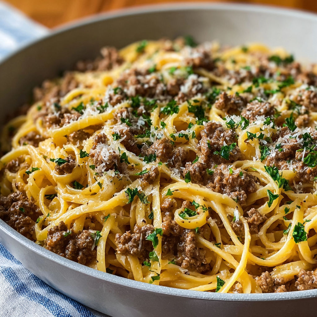 A bowl of pasta with ground beef and garlic butter.