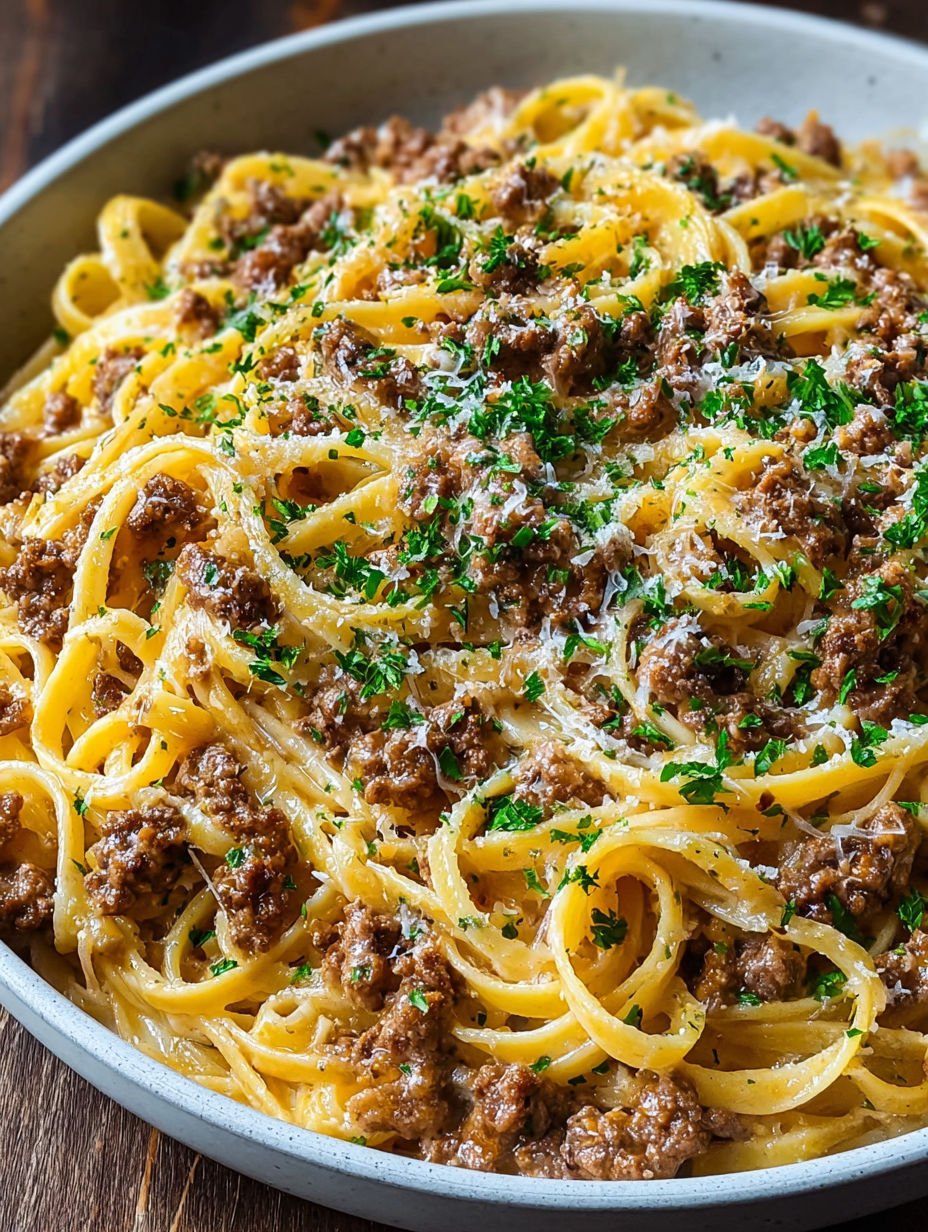 A bowl of pasta with ground beef and garlic butter.