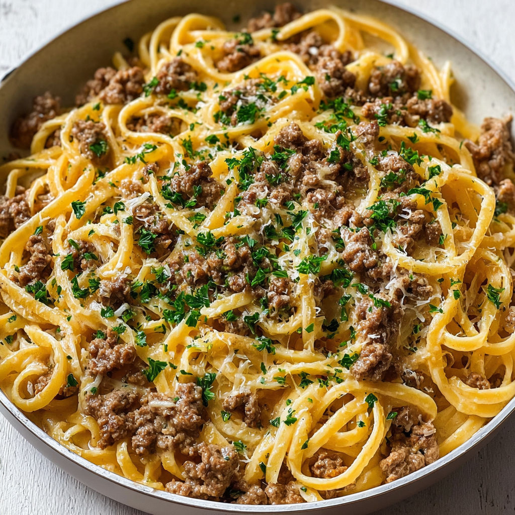 A plate of pasta with meat and cheese.