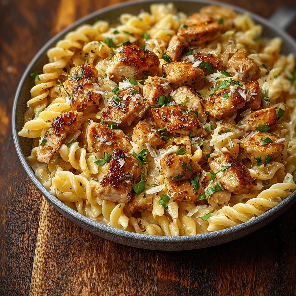 A plate of garlic butter chicken parmesan pasta.