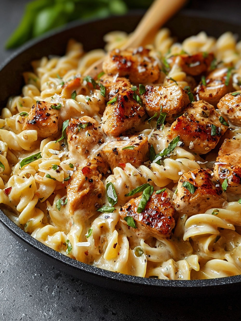 A delicious meal of garlic butter chicken parmesan pasta.