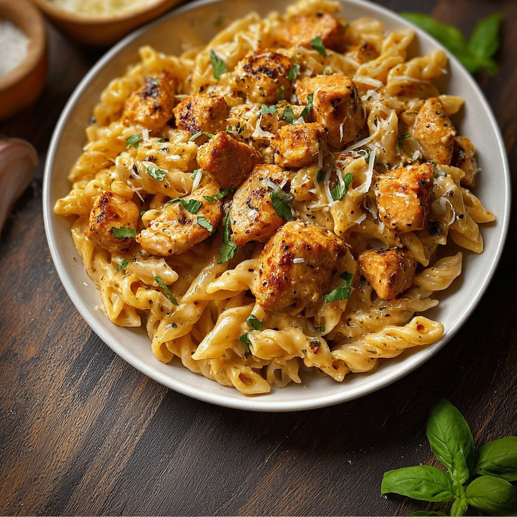 A plate of garlic butter chicken parmesan pasta.