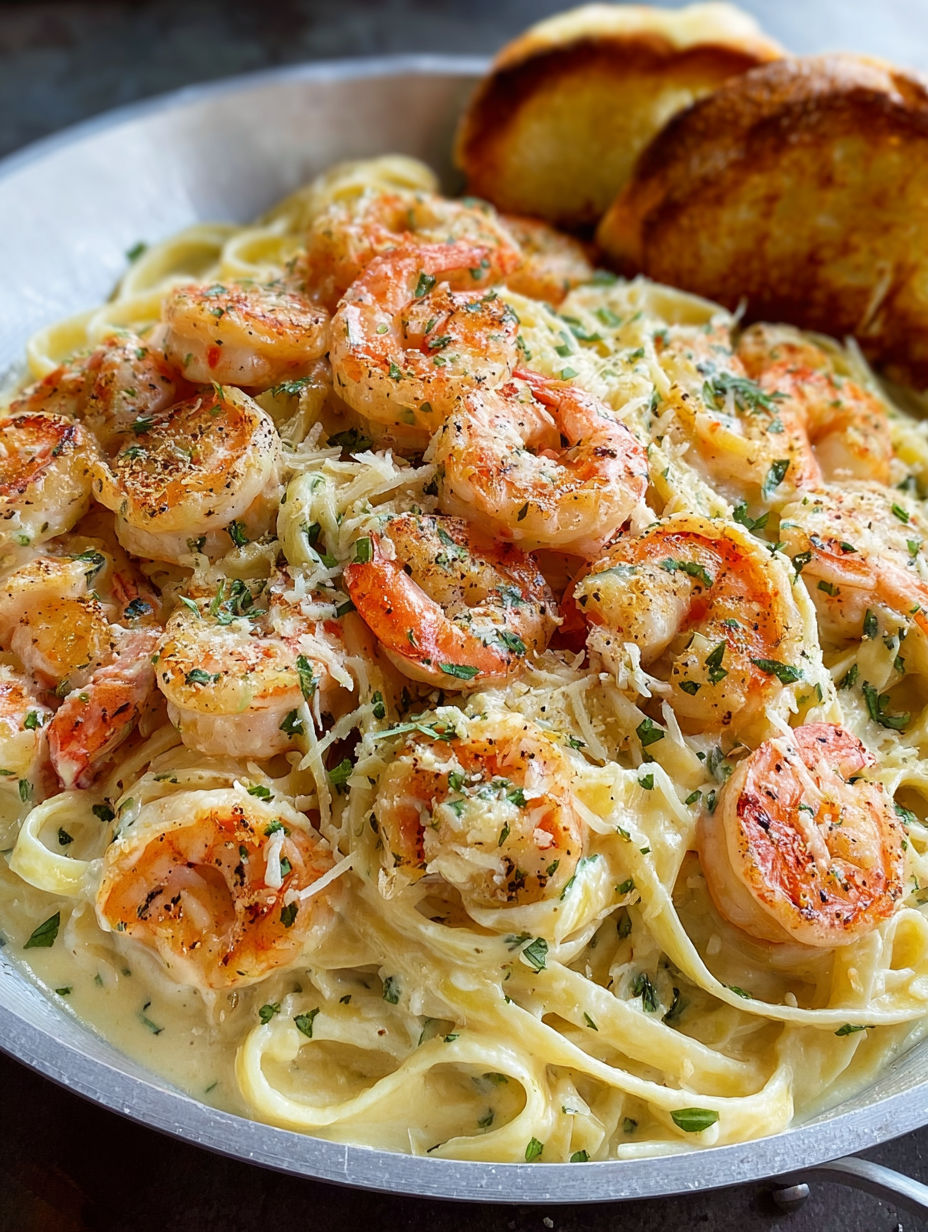 A bowl of shrimp Alfredo pasta.