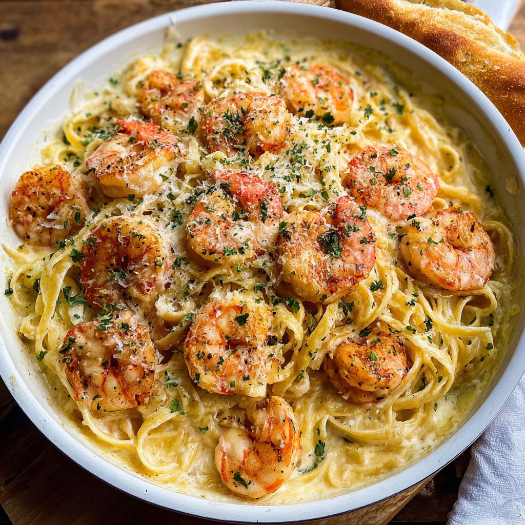 A bowl of shrimp Alfredo pasta.