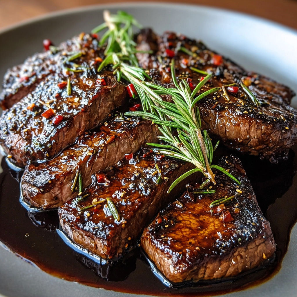 A plate of steak with a sprig of rosemary on top.