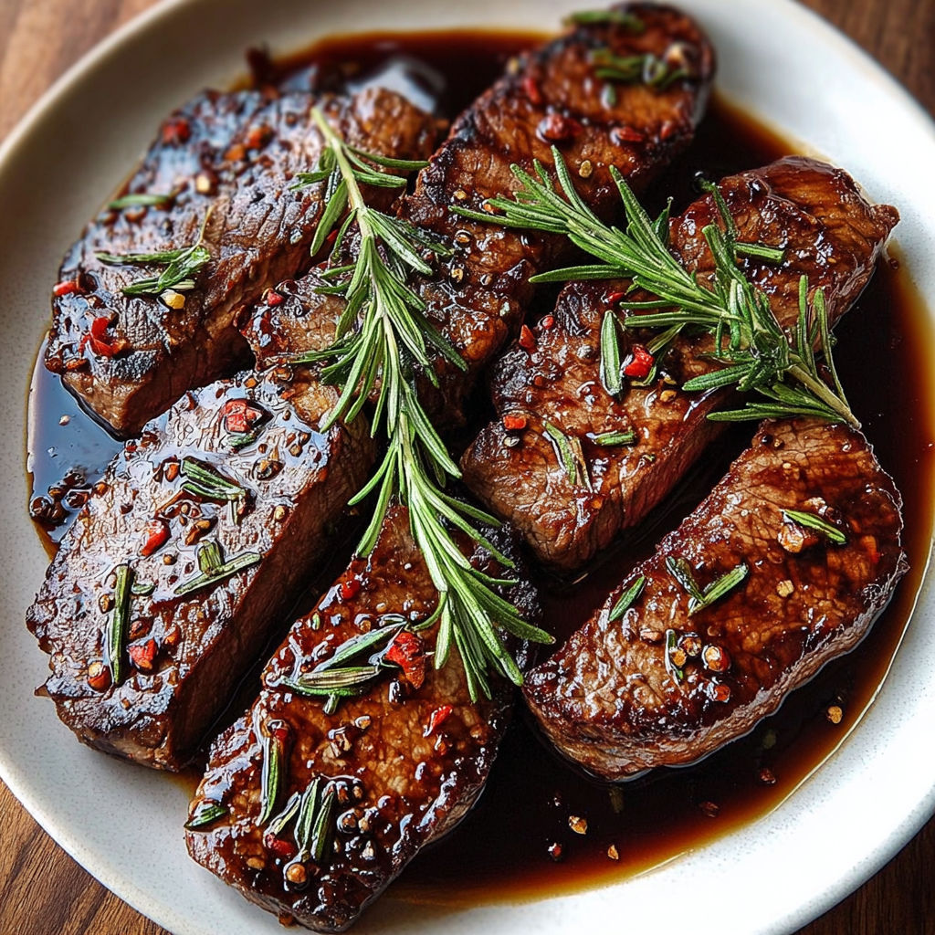 A plate of marinated steak with herbs.