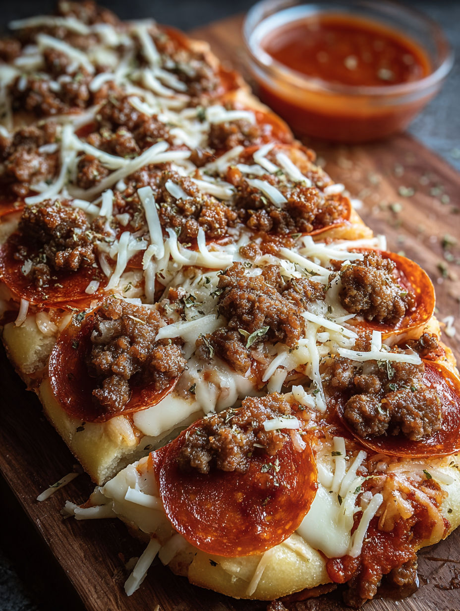 A slice of meat lovers pizza bread.