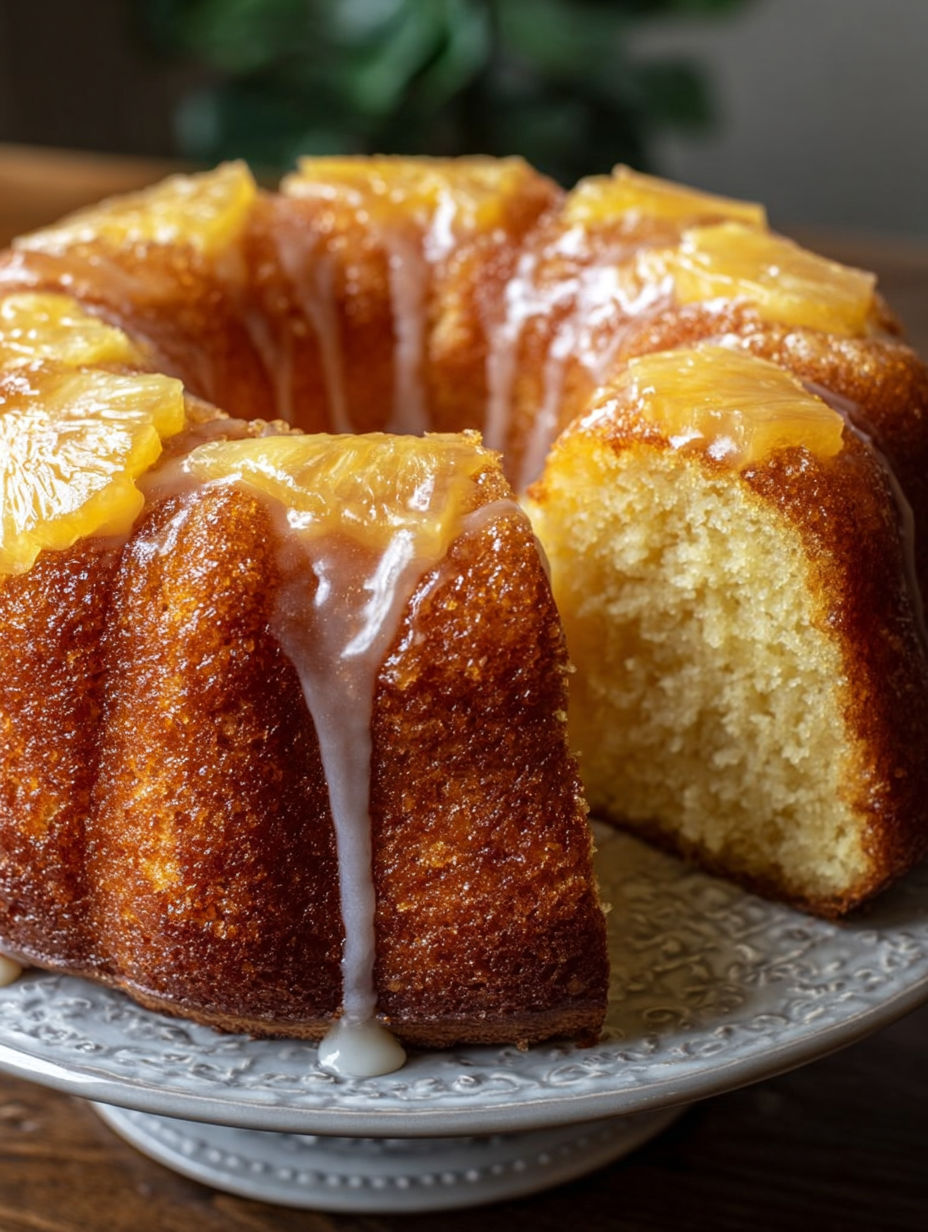 A slice of pineapple pound cake on a plate.