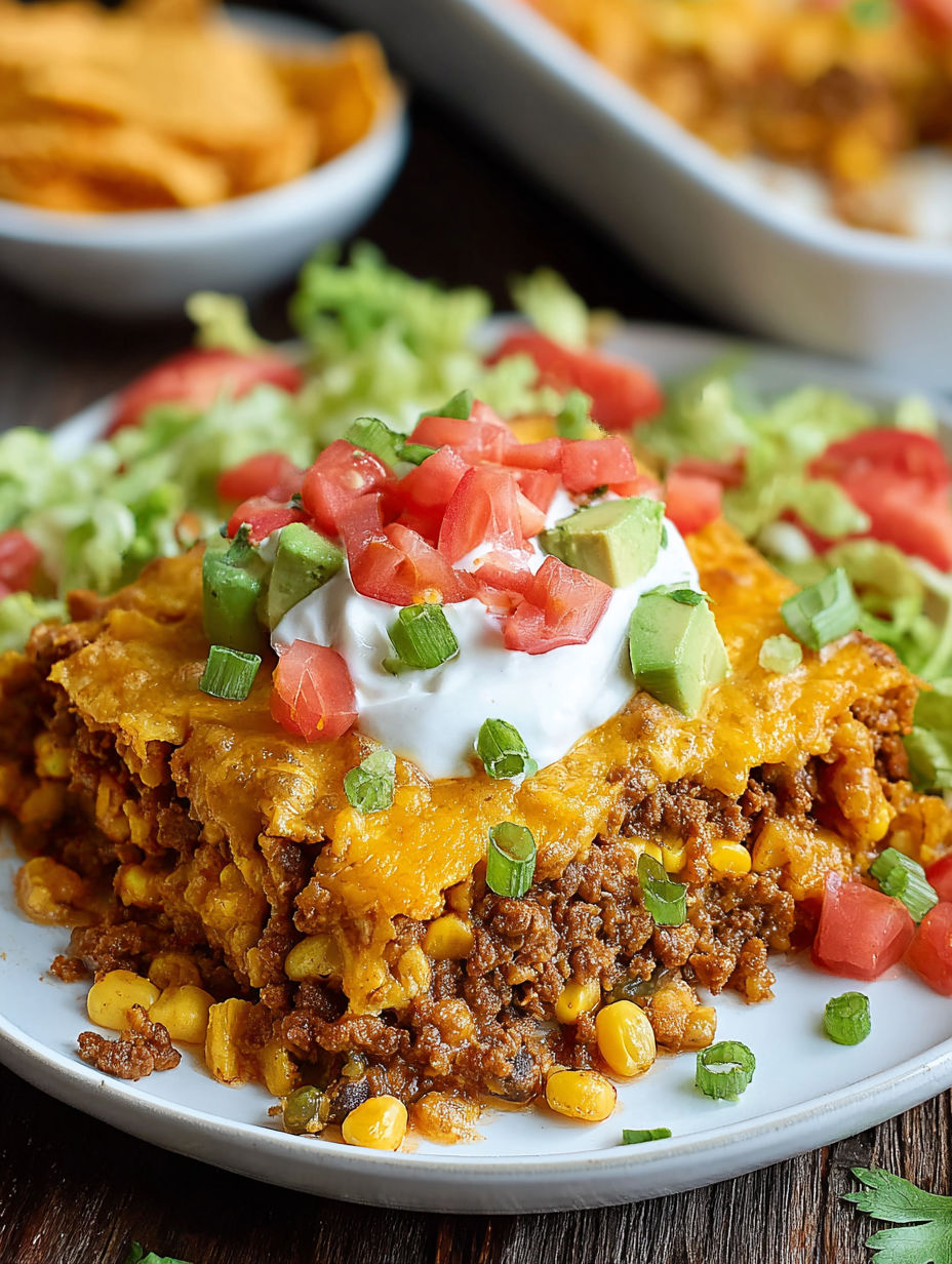 A plate of food with a taco doritos casserole bake.