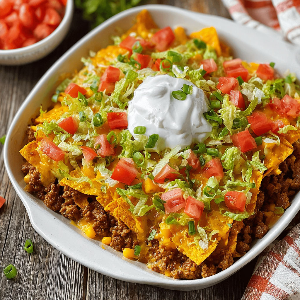 A plate of taco doritos casserole bake.