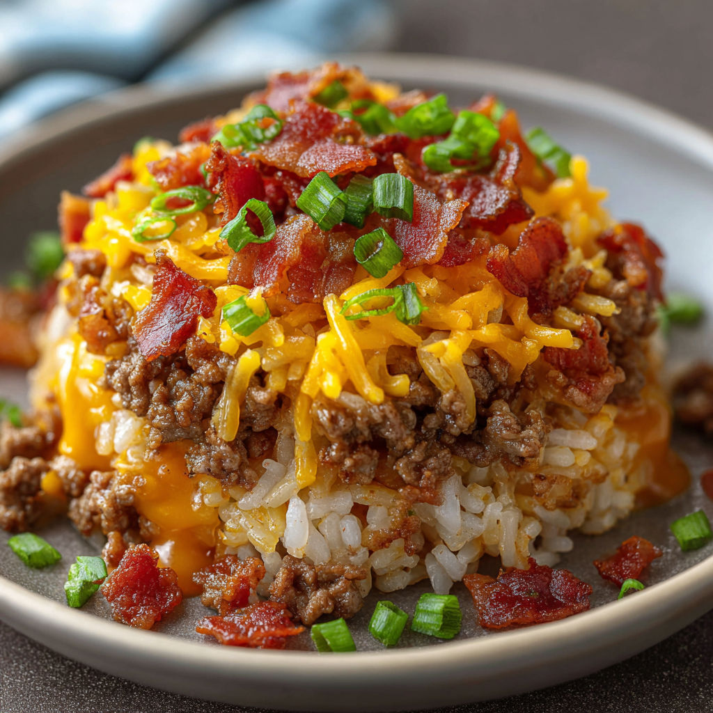 A plate of food with bacon cheeseburger rice stack.