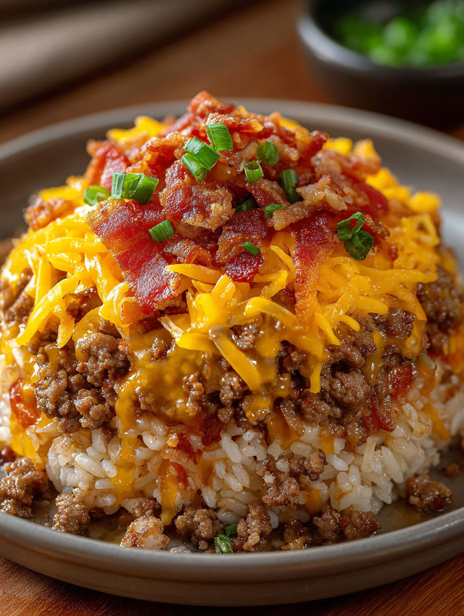 A plate of food with a cheeseburger and bacon on top.