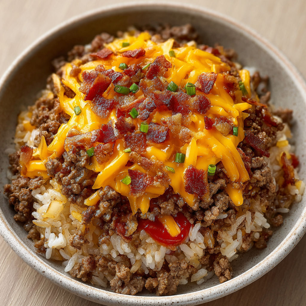 A bowl of rice with bacon cheeseburger on top.