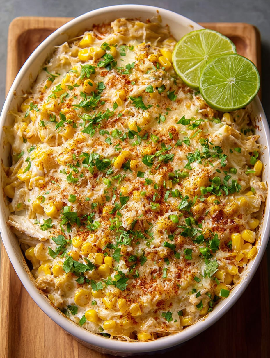 A dish of street corn chicken casserole.