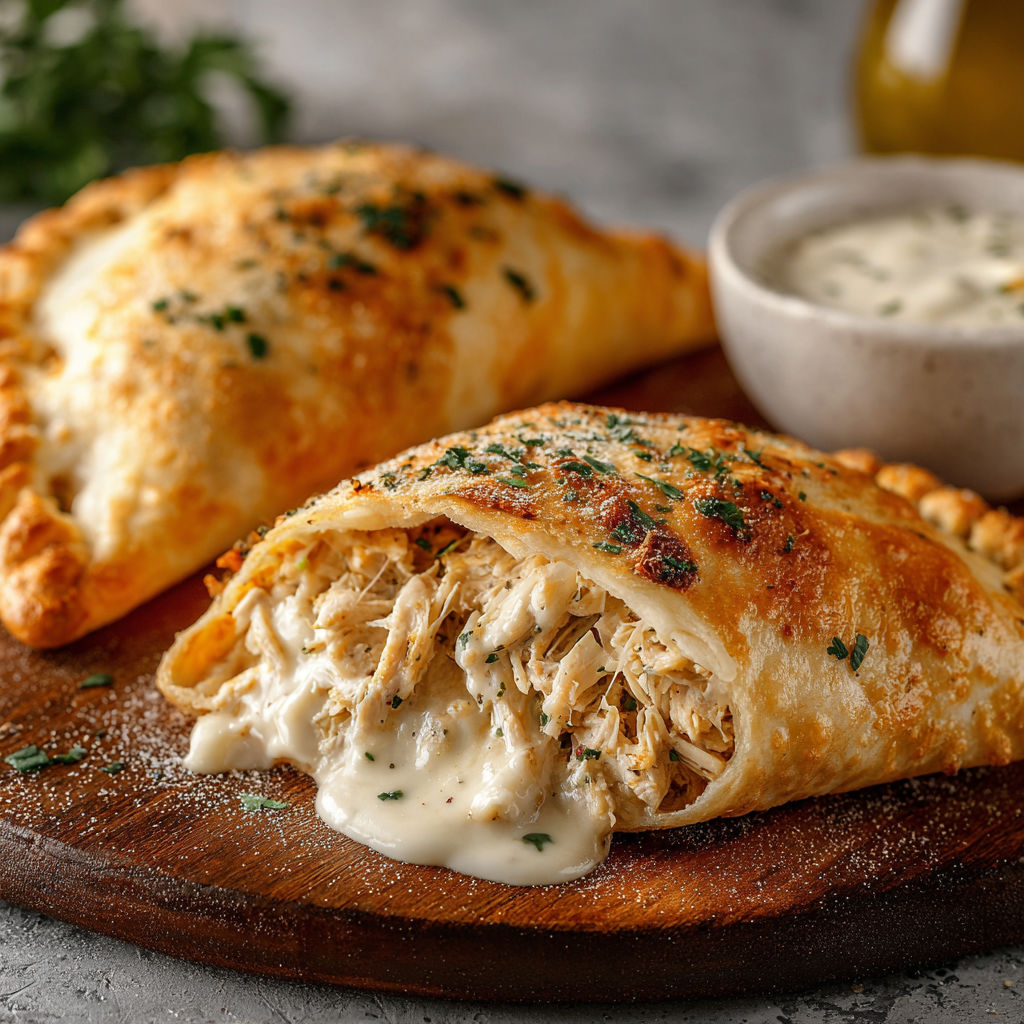 Two chicken Alfredo air fryer calzones with sauce.