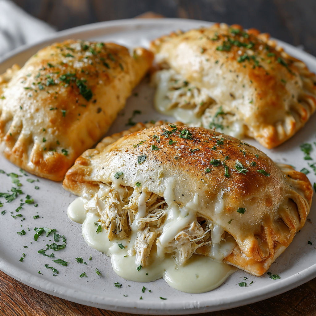 Two chicken Alfredo air fryer calzones on a plate.