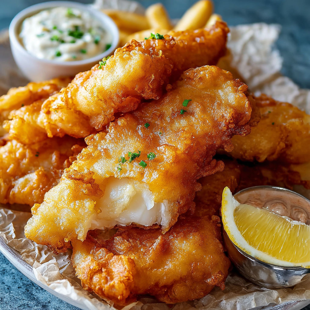 A plate of batter dipped fish with a lemon wedge.