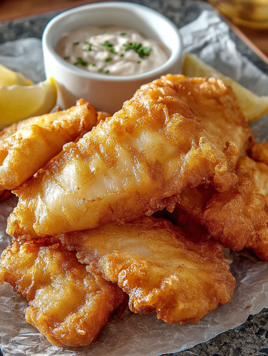 Batter dipped fish on a plate.