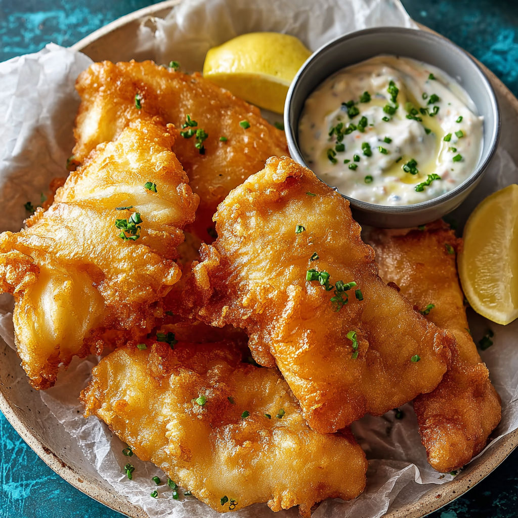 A plate of batter dipped fish with a side of tartar sauce.