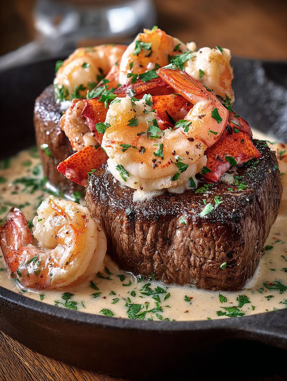 A dish of meat and shrimp.