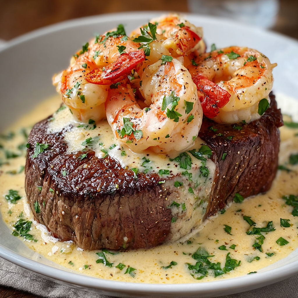 A plate of food with shrimp and lobster on top of a filet mignon.