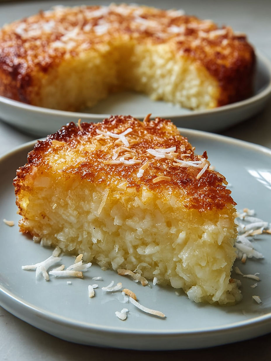 A slice of crustless coconut pie dessert.