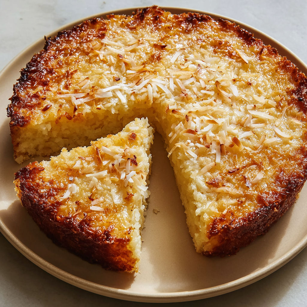 A slice of crustless coconut pie.